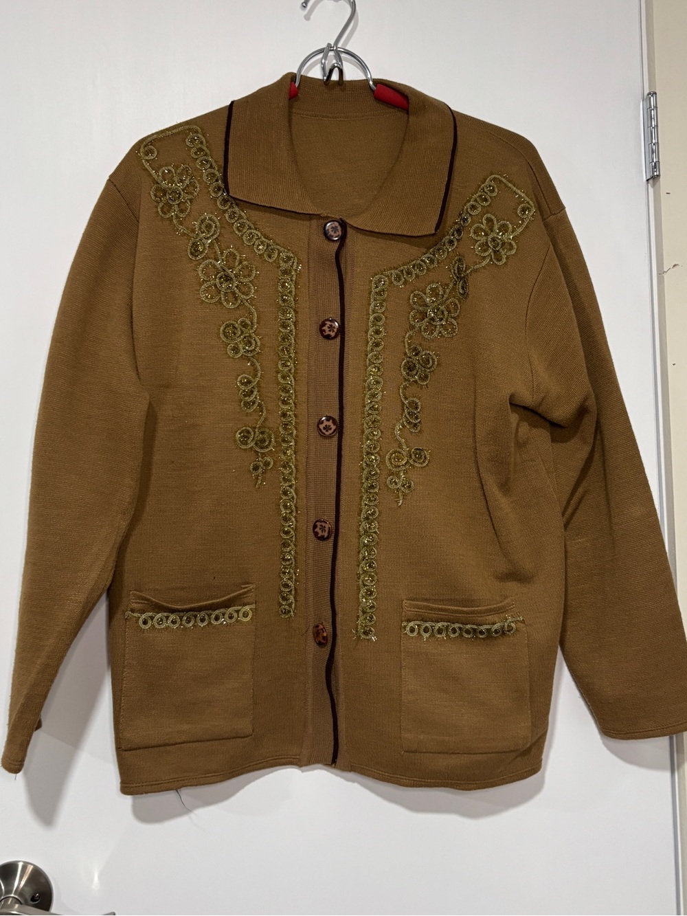 Vintage 80s Gold Metallic Floral Embroidered Cardigan Jacket Brown Grandmacore